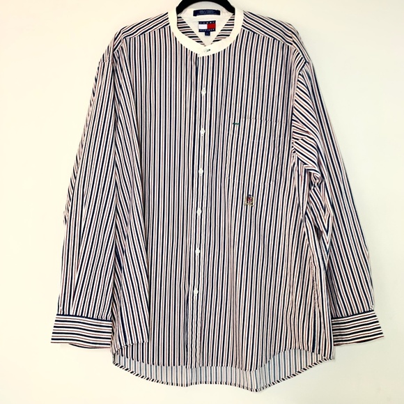 Tommy Hilfiger VTG 90s y2k Crest Logo Button Up Striped Long Sleeve Shirt XL - Picture 1 of 14